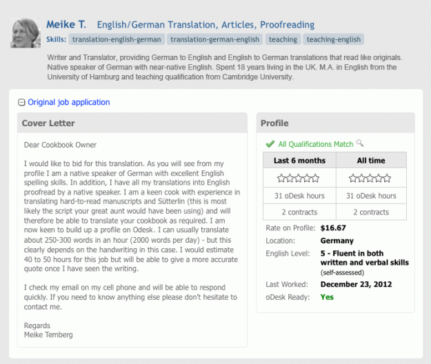 Meike's appplication to translate the cookbook.